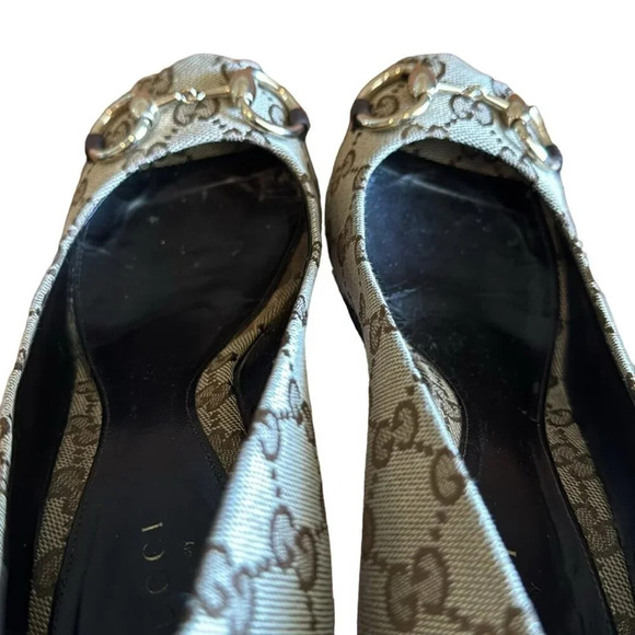 Gucci GG Monogram Canvas Open Toe Horsebit Pumps Beige Brown EU 37.5 US 7.5 - Picture 5 of 13